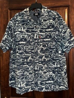 Men's Navy Vented Scenic-Print Short-Sleeve Fishing Button-Down Shirt XL